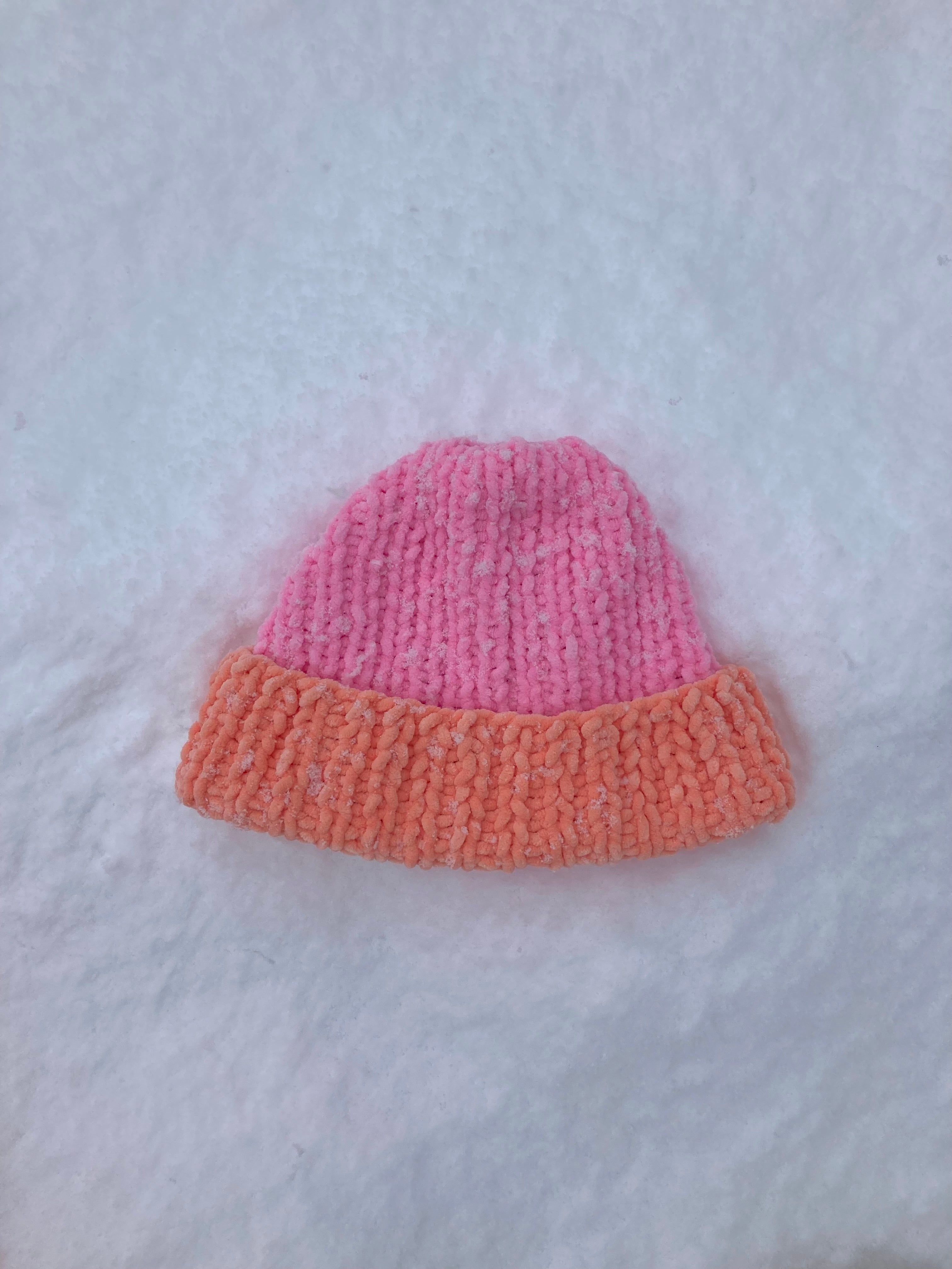 Turuncu - Pembe El Örgüsü Atkı + Bere