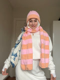 Turuncu - Pembe El Örgüsü Atkı + Bere