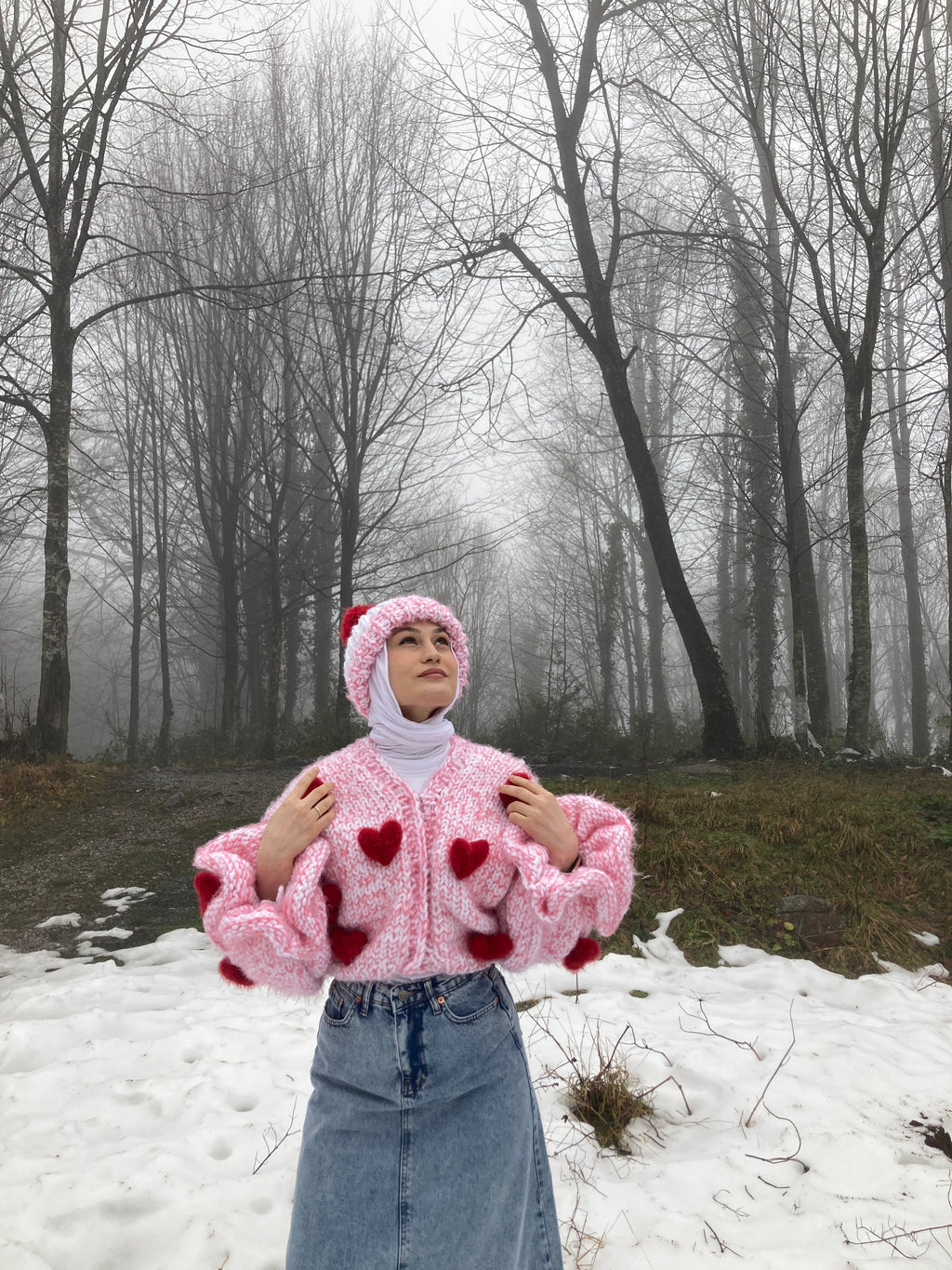 Fluffy Amour El Örgüsü Hırka + Bere